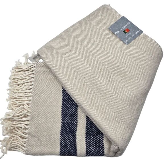 Roca Home Oversized Throw Blanket Ivory Blue Cotton Blend 50x67 Made In Portugal - Picture 8 of 9